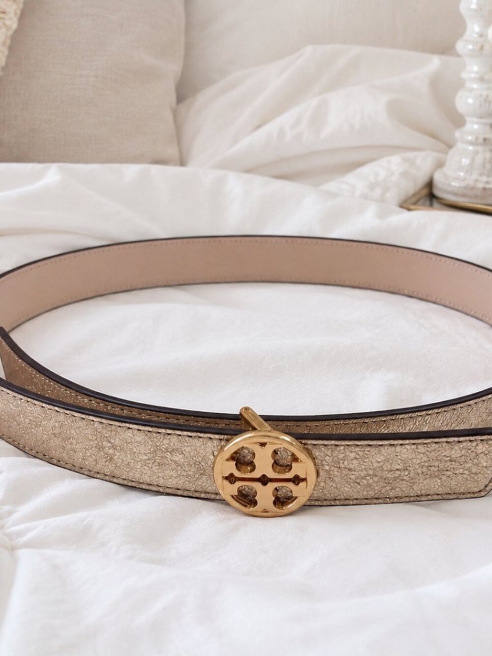 NEW Tory Burch Miller Reversible Belt Spark Gold/New Ivory